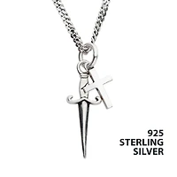 925 Silver Oxidized Dagger & Cross Duo Pendant with 20" Curb Chain