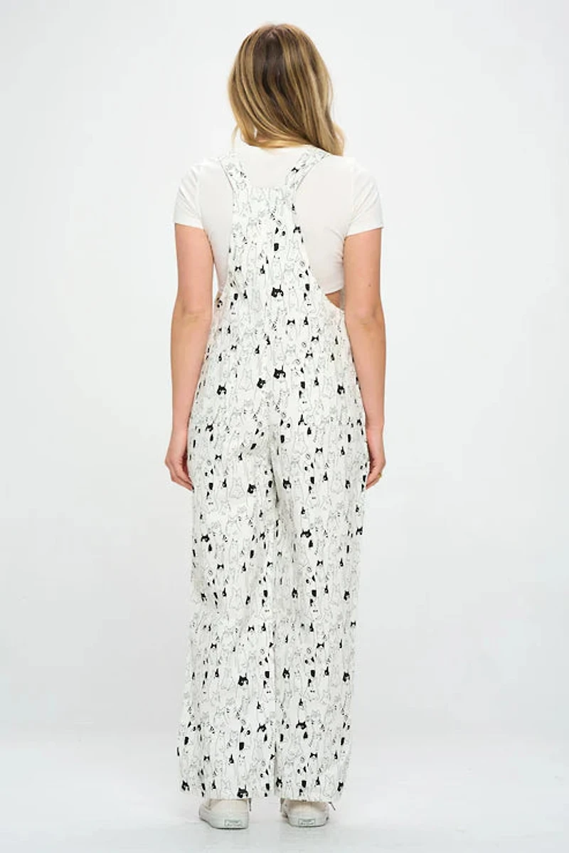 Multi Cat Print Cotton Jumpsuit White