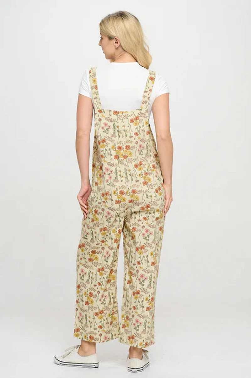 Wildflowers Print Floral Overalls Beige