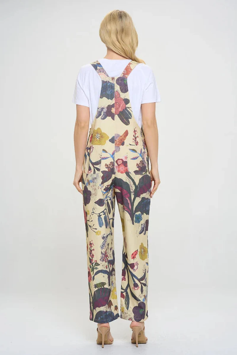 Beige Floral & Bird Print Overalls