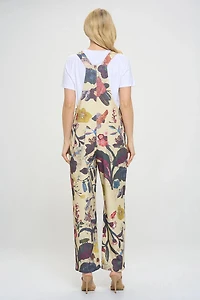 Beige Floral & Bird Print Overalls