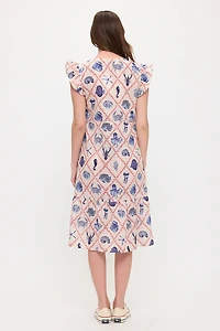 Marine Life Print Ruffle Sleeve Midi Dress