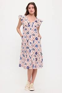 Marine Life Print Ruffle Sleeve Midi Dress