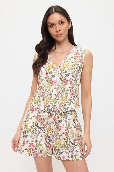 Floral Hummingbird Print V-Neck Vest