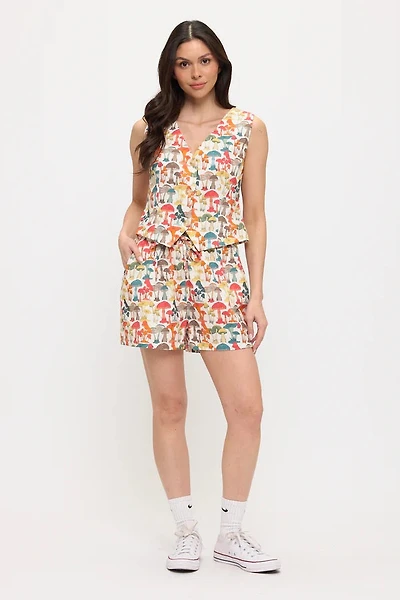 Colourful Mushroom Woods Print V-Neck Vest