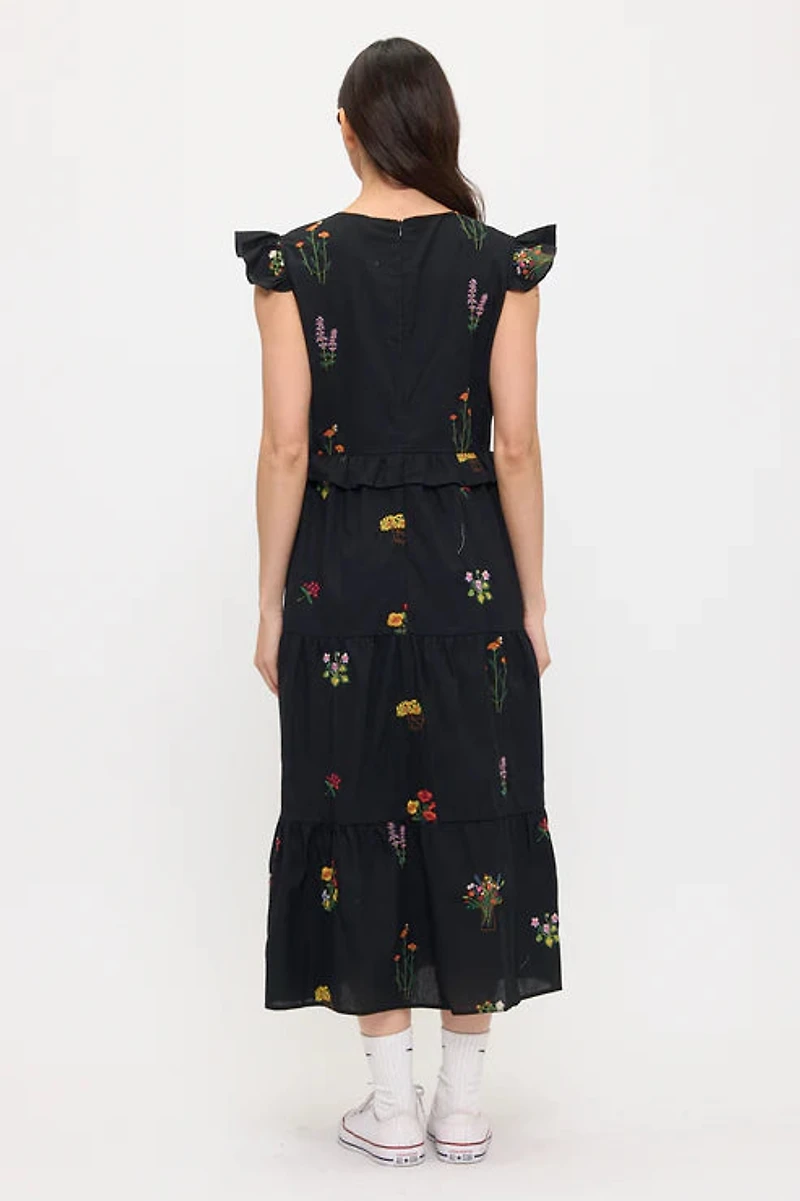 Midnight Meadow Embroidery Ruffle Sleeve Midi Dress