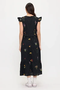 Midnight Meadow Embroidery Ruffle Sleeve Midi Dress
