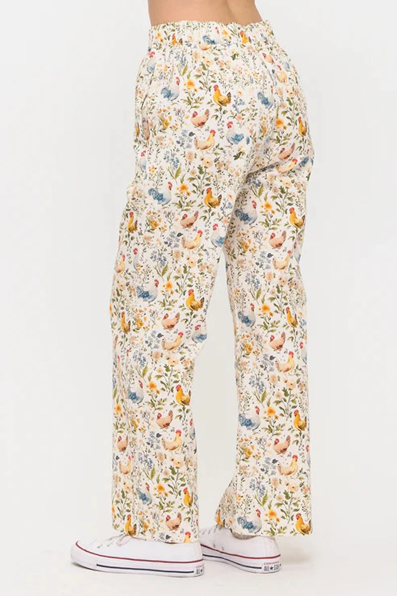 Rooster And Floral Print Wide Leg Pants