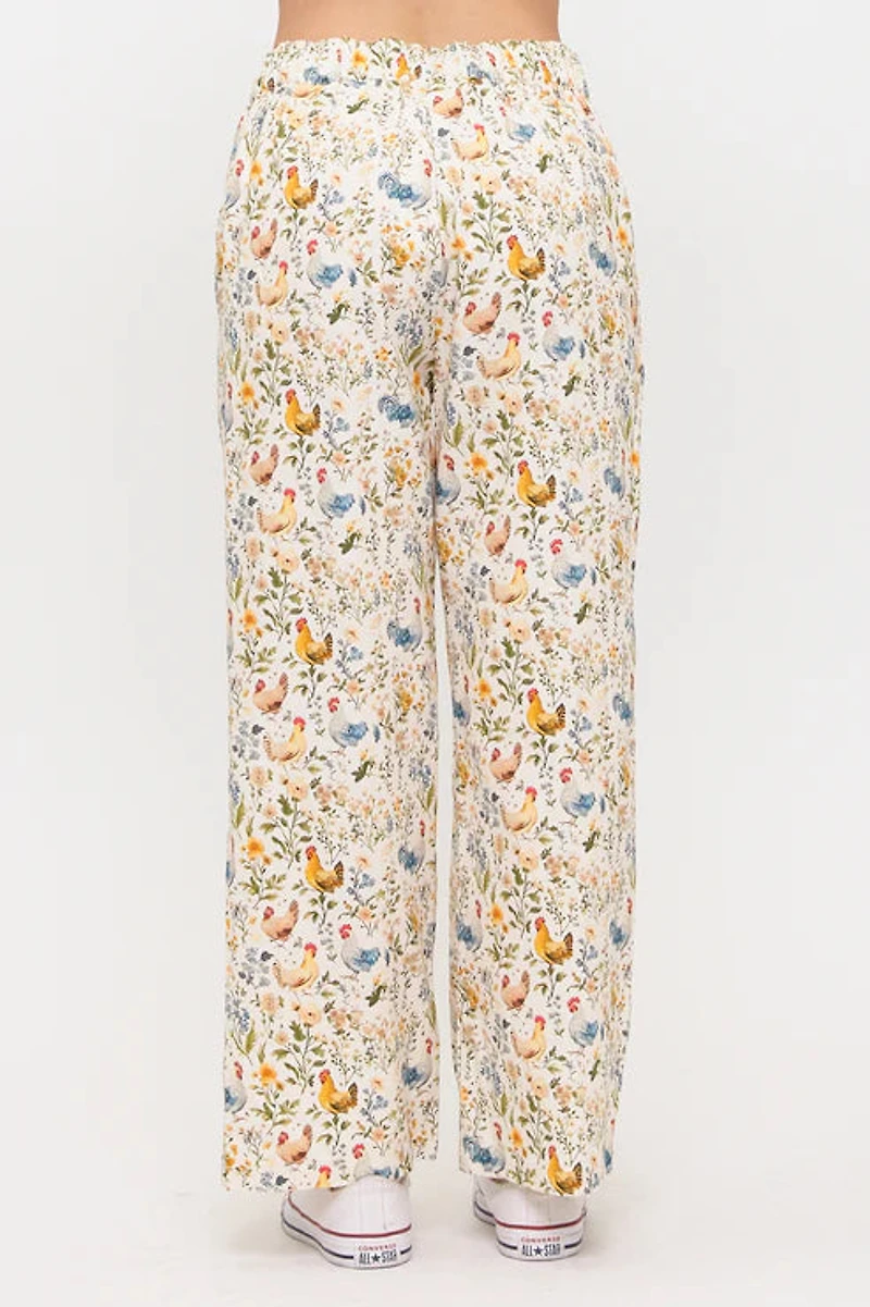 Rooster And Floral Print Wide Leg Pants
