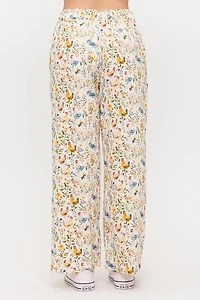 Rooster And Floral Print Wide Leg Pants