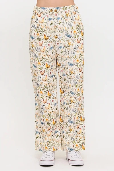 Rooster And Floral Print Wide Leg Pants