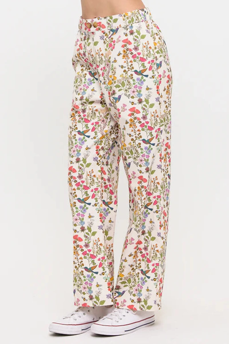 Floral Hummingbird Print Wide Leg Pants