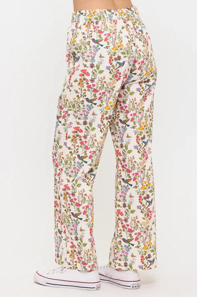 Floral Hummingbird Print Wide Leg Pants