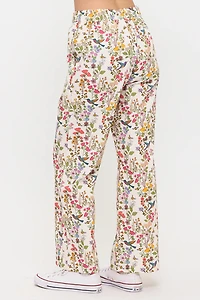 Floral Hummingbird Print Wide Leg Pants