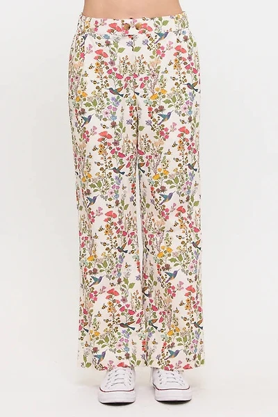 Floral Hummingbird Print Wide Leg Pants
