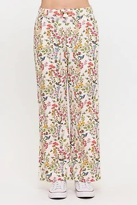 Floral Hummingbird Print Wide Leg Pants