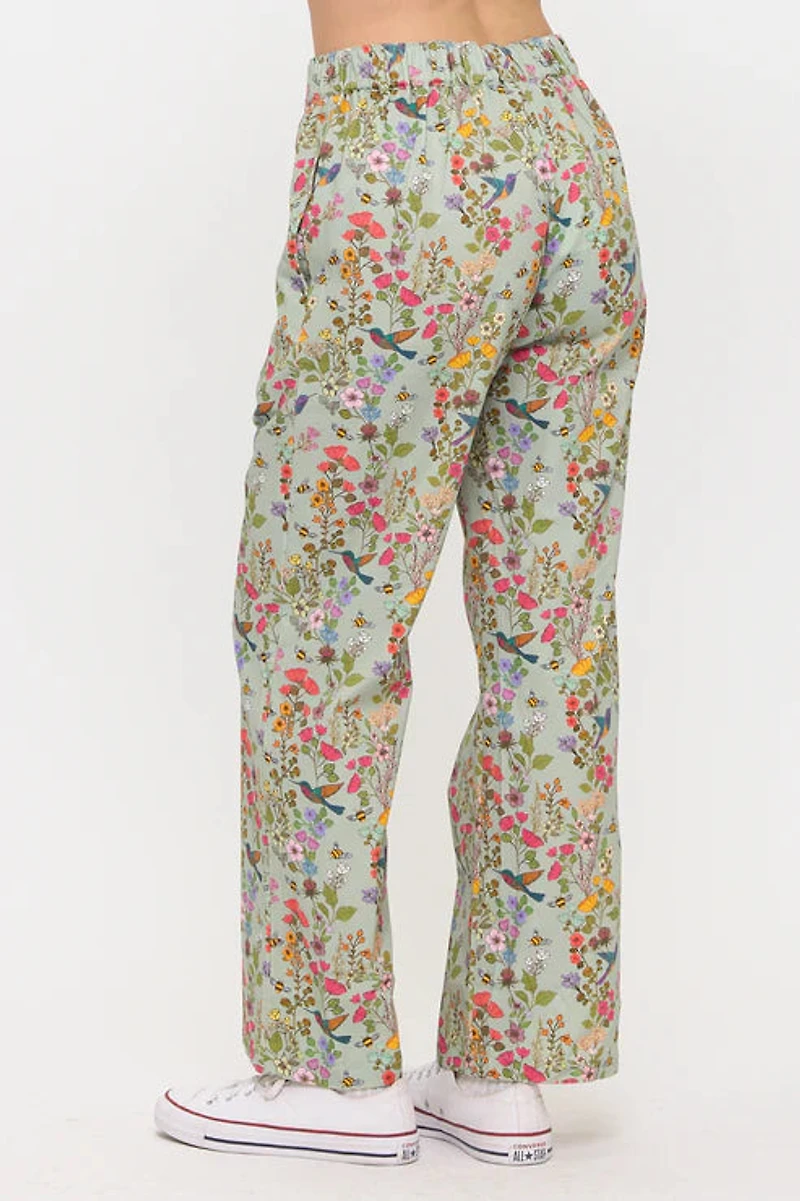 Floral Hummingbird Print Wide Leg Pants