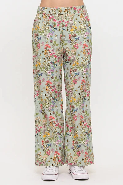 Floral Hummingbird Print Wide Leg Pants