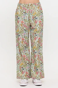 Floral Hummingbird Print Wide Leg Pants