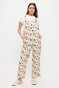 Playful Cats And Leaves Print Overalls