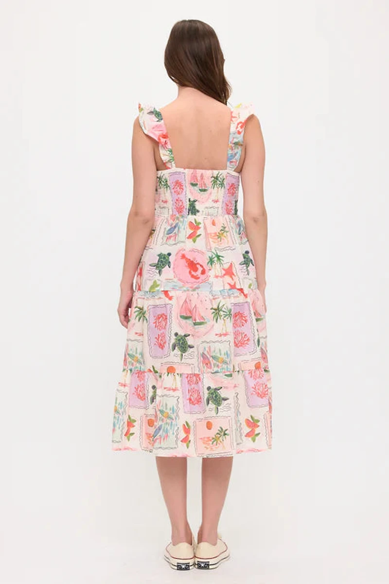 Coastal Vacation Print Ruffle Sleeve Midi Dress