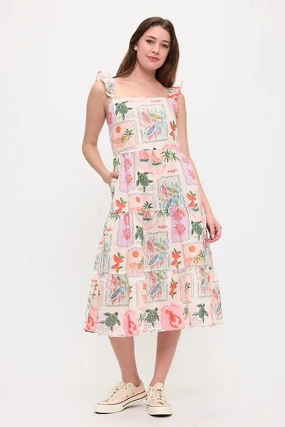 Coastal Vacation Print Ruffle Sleeve Midi Dress