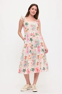 Coastal Vacation Print Ruffle Sleeve Midi Dress