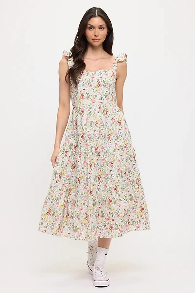 Wildflowers Print Ruffle Sleeve Midi Dress
