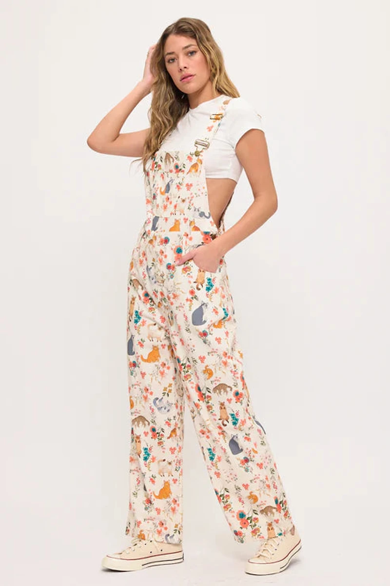 Cats Floral Print Overalls