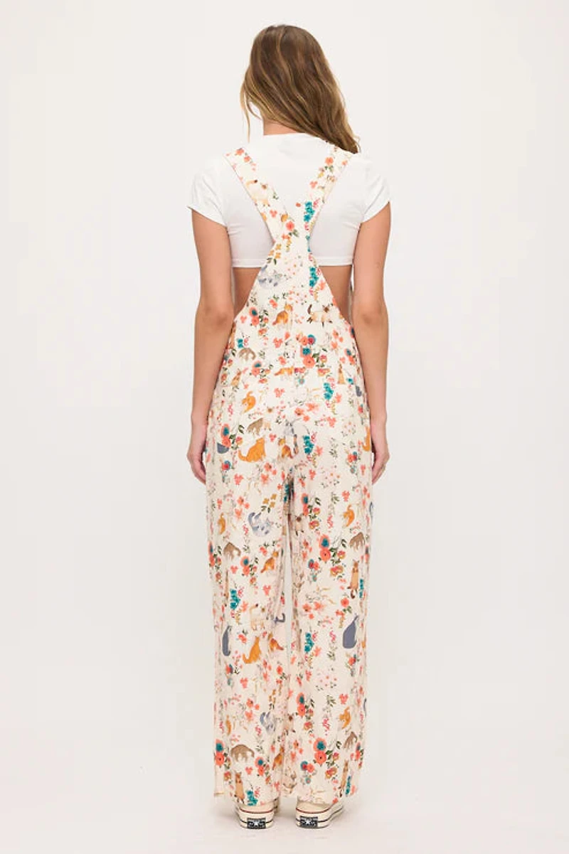 Cats Floral Print Overalls
