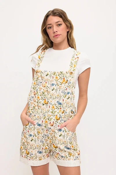 Rooster And Flower Print Shortalls