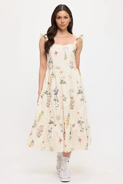 Vintage Floral Print Ruffle Sleeve Midi Dress