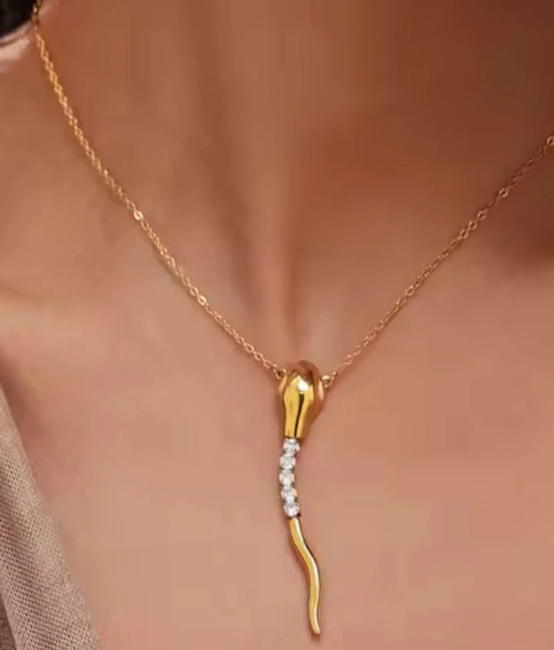 Snake- Tennis Necklace Serpent- Steel 14K Cz Necklace