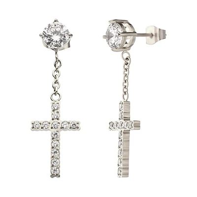 Steel 5mm Stud Cross Dangle Earrings