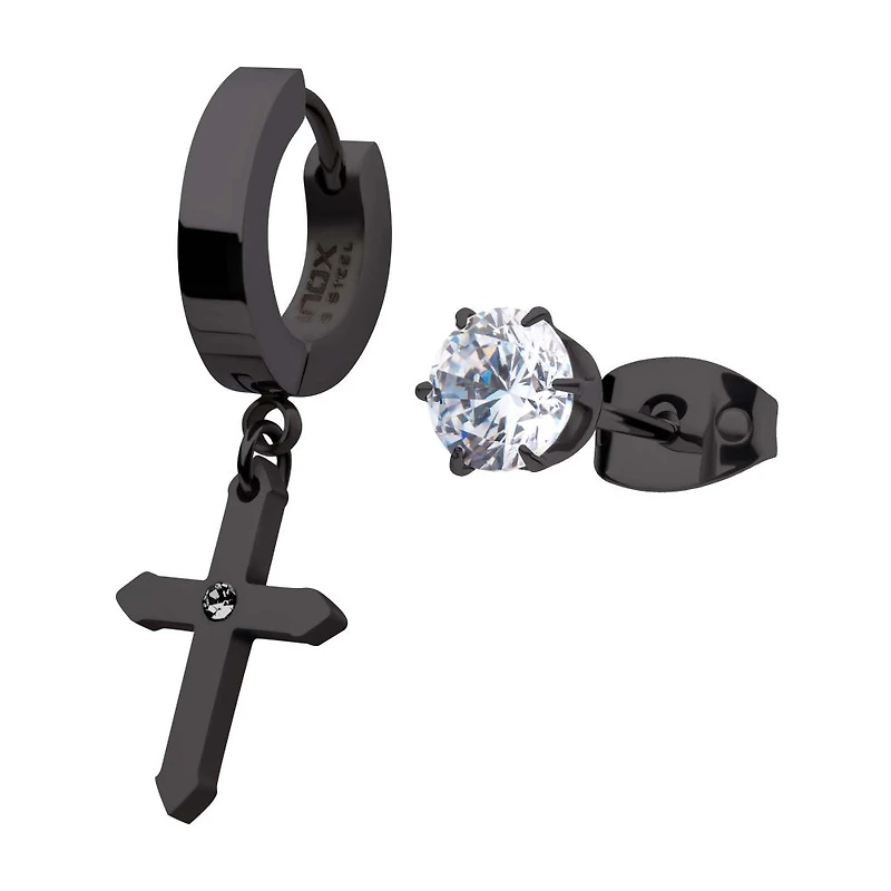 Cross Huggie 5MM Combo Black Earrings