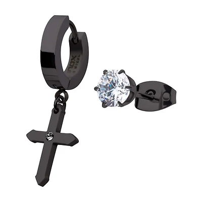 Cross Huggie 5MM Combo Black Earrings