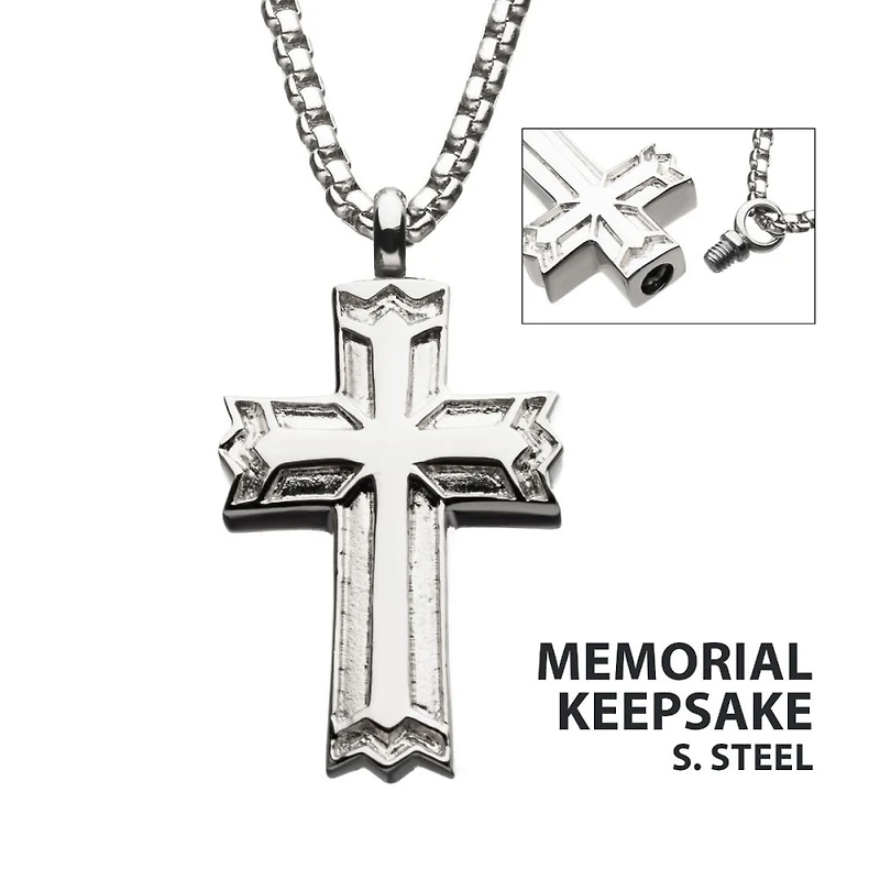 Steel  IP Memorial Cross With Steel Box Chain 22"