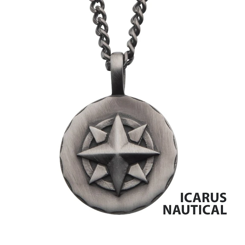 Gunmetal IP Engravable Compass Pendant With Chain 22"