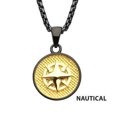 Black Pendant Gold Compass 24"
