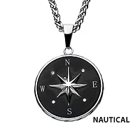 Steel & Black IP Compass Pendant W/ Chain 24"