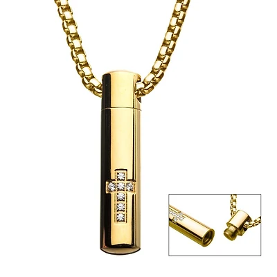 Stainless Steel & Gold IP Memorial Pendant With Clear Cz & Gold IP Box Chain