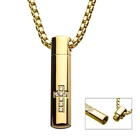 Stainless Steel & Gold IP Memorial Pendant With Clear Cz & Gold IP Box Chain