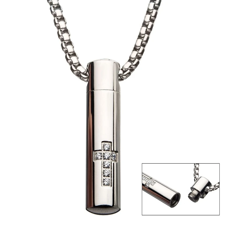Stainless Steel Memorial Cross Pendant With Clear Cz & Steel Box Chain