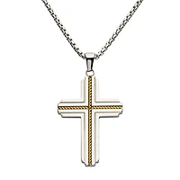 18Kt Gold IP Steel Rope Inlay Two-Tone Cross Pendant With Chain