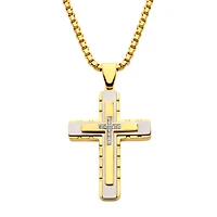 18Kt Gold IP Layered Cross Pendant With Cnc Set Clear Cz