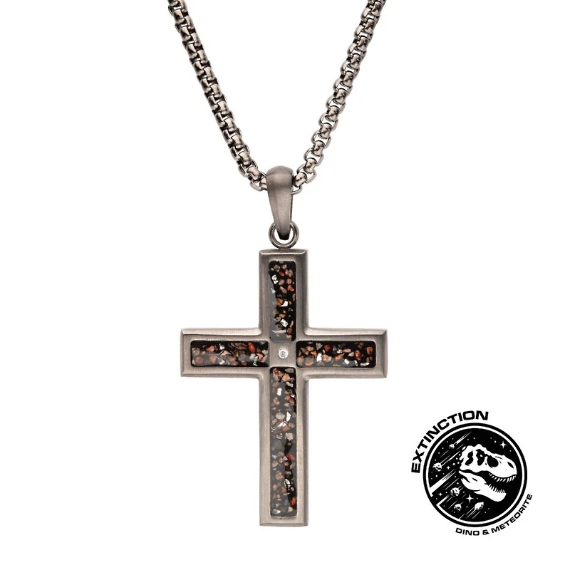 Gunmetal Steel Cross Dinosaur Bone Cz 24"