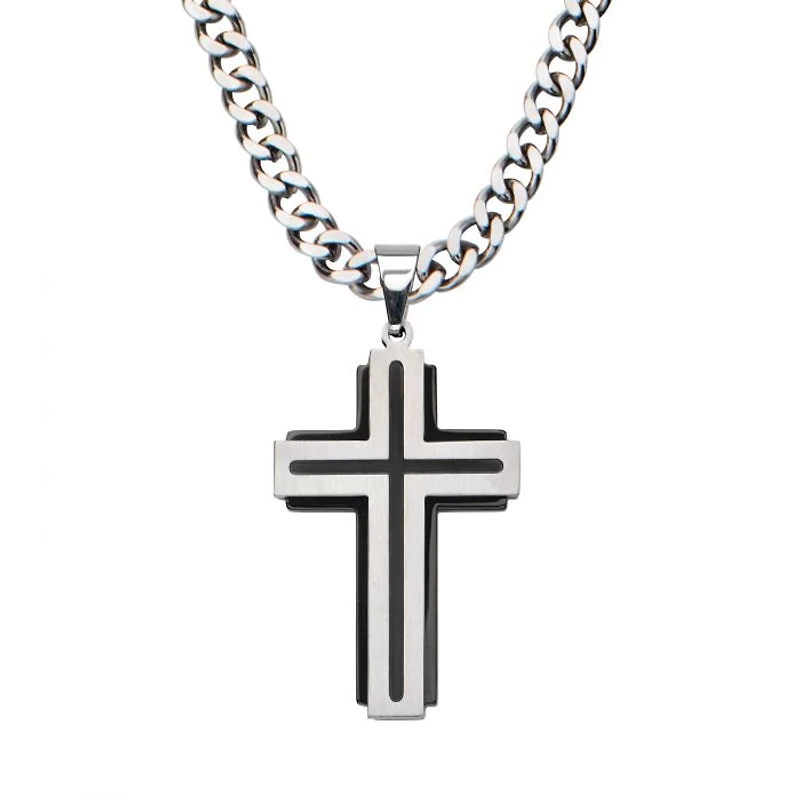 Black & Steel Cross Pendant On Chain 24"