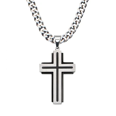 Black & Steel Cross Pendant On Chain 24"