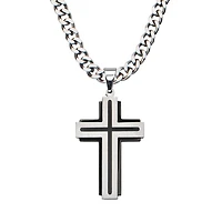 Black & Steel Cross Pendant On Chain 24"
