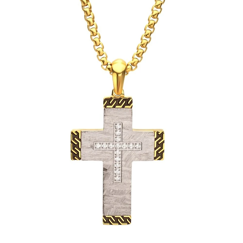 Steel Clear CZ Gem Gold Black Edge Cross Pendant 22"